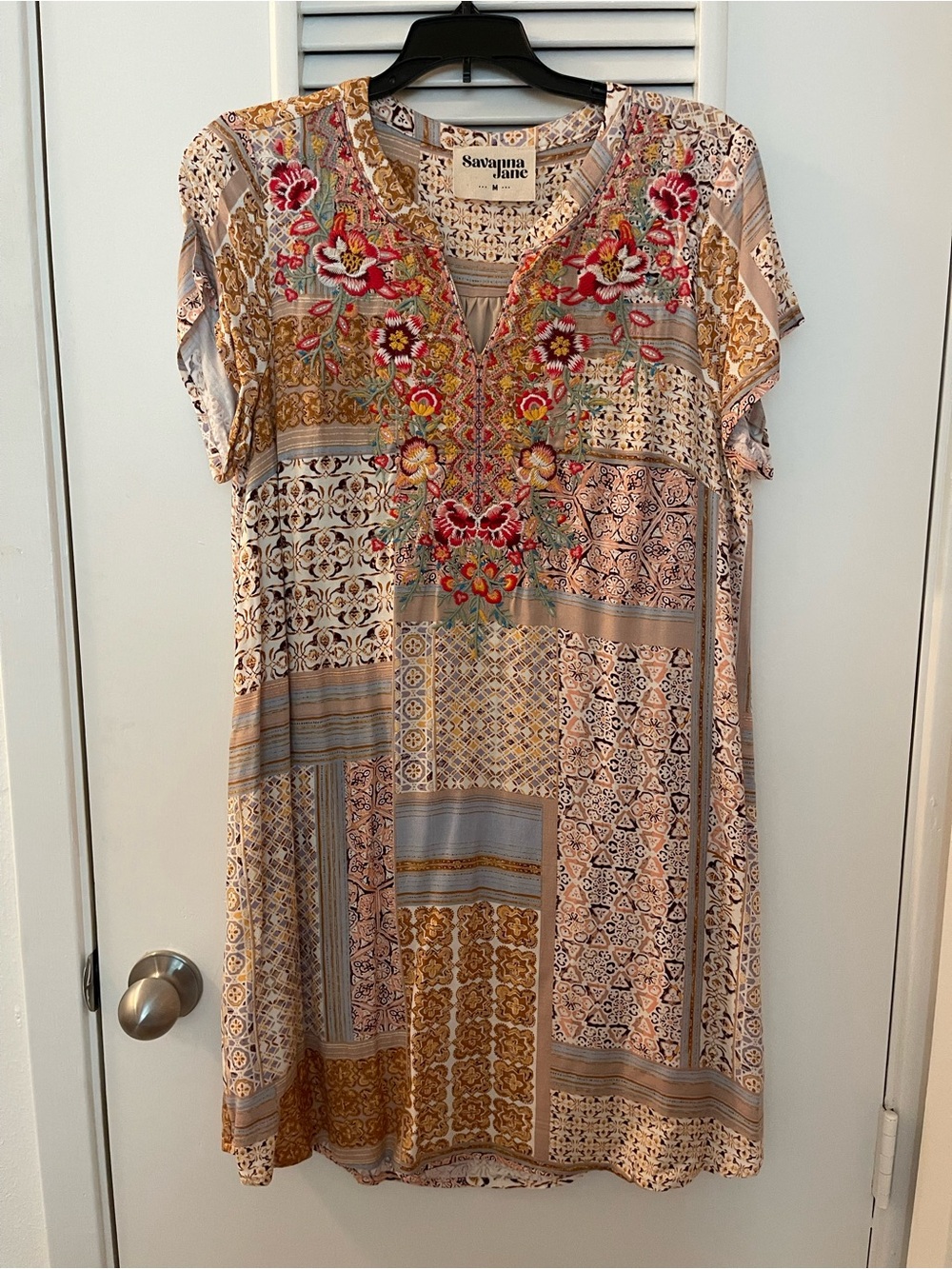 Savanna Jane Patchwork Floral Embroidered Short Sleeve Dress in Tan, Gold, Pink